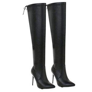 Wholesale Trendy Black PU Thigh Stiletto High Boots | 4 Pairs Boutique Bundle